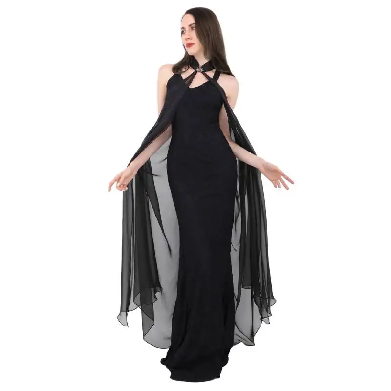 

WENAM Black Elven Chiffon Cape Gothic Sheer Shawl Collared Cape with Butterfly Clip Elegant Chiffon Collared Witch Vampire Cape