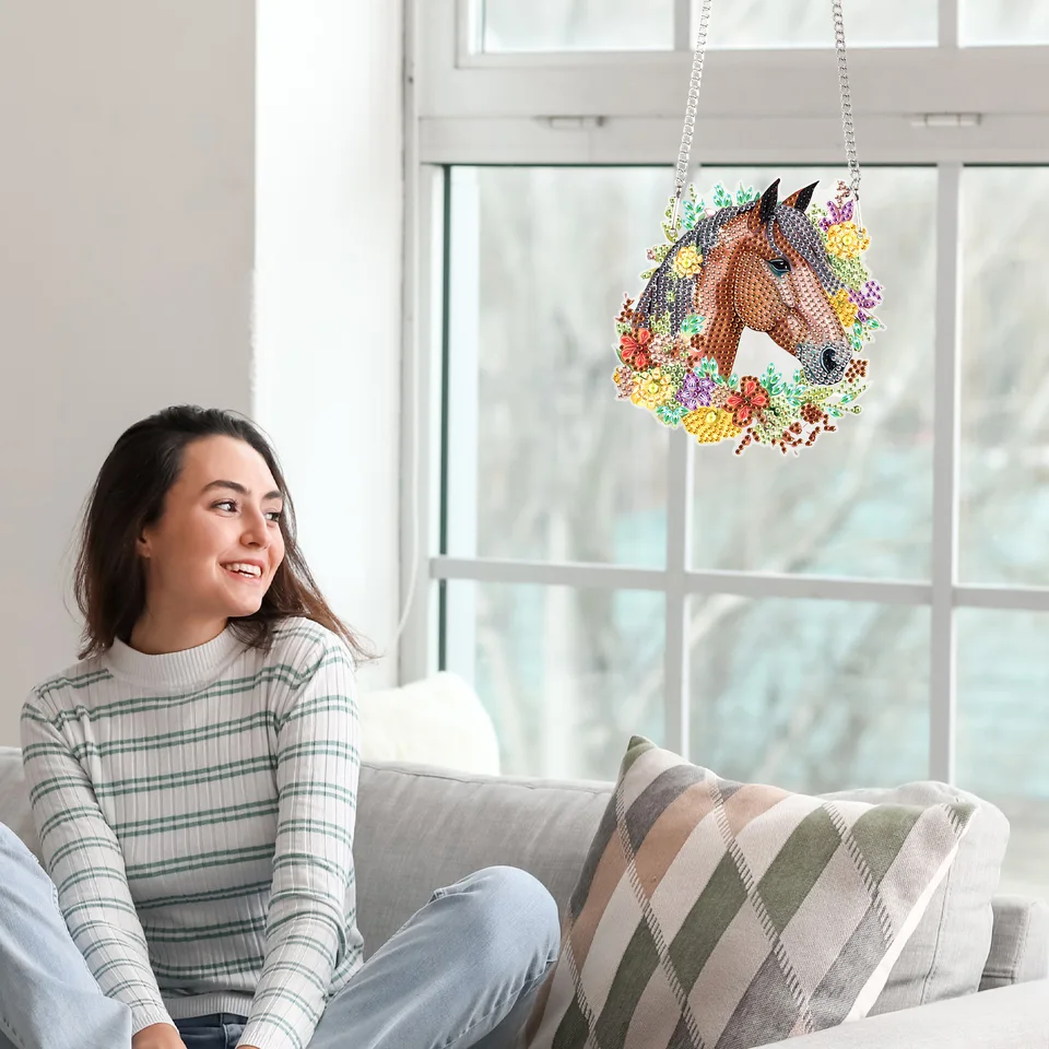 MOGTAA 5D diamond painting, paardenhanger met ketting, doe-het-zelf diamantschilderset voor volwassenen en kinderen, dieren, diamond painting, hangset, voor tuin, huis, decoratie, geschenken
