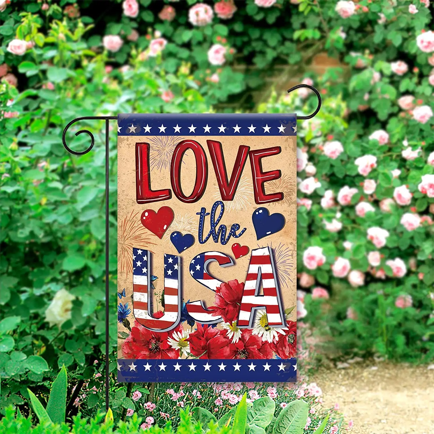 

Love the USA Patriotic Flowers Decorative Outdoor 4th of July Garden Flag Banner for Outside House Yard Home Decorative
