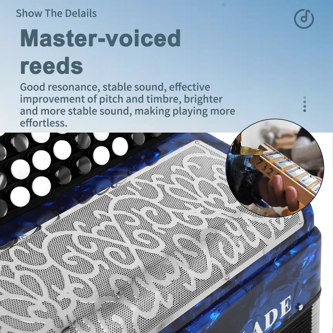 HK · LADE AH-240 Blue Bayan Akkordeon 62-Tasten-60-Bass-Taste Professionelles Akkordeon-Tastatur-Instrumentenakkordeon mit Teilen – Detail 8