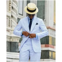 2 Pieces Summer Casual Men Suits Seersucker Stripe Outfits Custom Wedding Groom Tuxedo Costume Homme Peaked Lapel Jacket+Pants 1