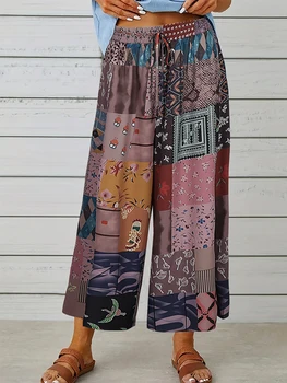 Pantalon Boho en coton et lin pour femmes, grande taille, Vintage, ample, jambes larges, Streetwear décontracté, taille élastique, mode féminine, été 1