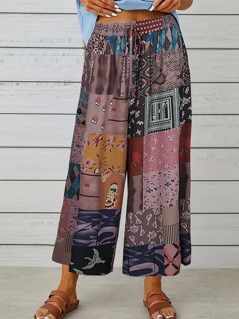 Pantalon Boho en coton et lin pour femmes, grande taille, Vintage, ample, jambes larges, Streetwear décontracté, taille élastique, mode féminine, été 1