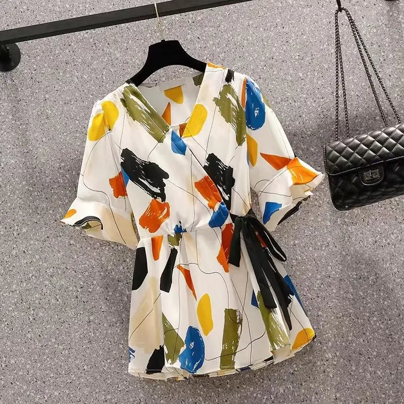 2024 Oversized Women's Clothing Set, Women's Summer Westernization, Flesh Shielding, Slimming Shirt Cropped Pants, Two-piece Set