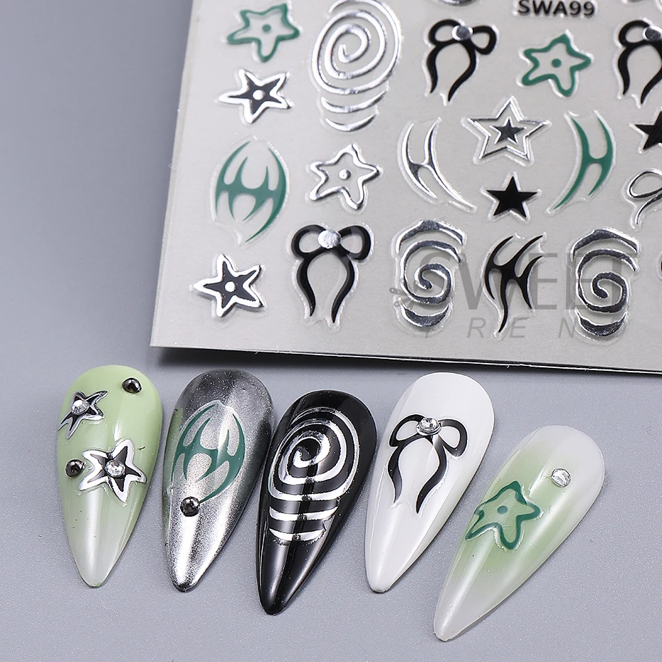 2pcs Metallic Silver Line Nail Art Sticker 3D Flame Line Bow Swirls Star Y2K Tatton Slider Decals DIY Holographic Manicure Decor