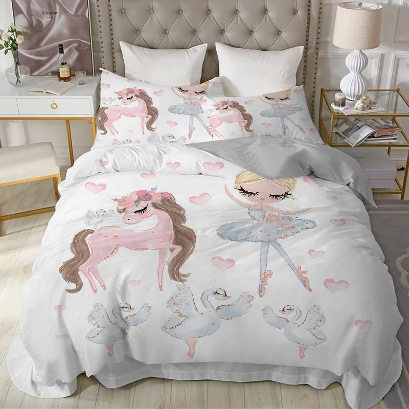 

Modern Lovely Princess Kids Bedding Set 3pcs Twin Size Cartoon Unicorn Swan Ballet Dancing Girl Duvet Cover With Pillowcases