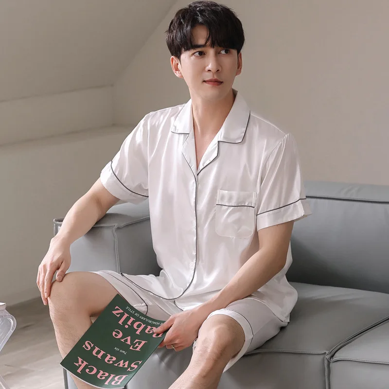 Summer Men's Thin Ice Silk Pajamas Short Sleeve Cardigan Shorts Two Piece Set Fashion Oversized Simulation Silk Home Clothing