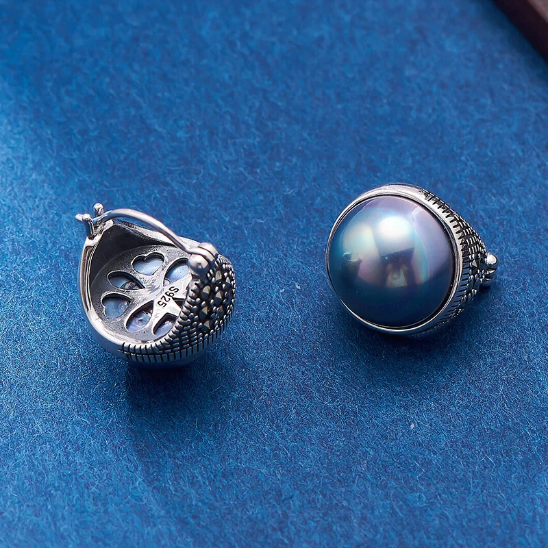 GEM-inside 30mm Ring Beads Marcasite Tibetan Silver Earclip Earrings – Handmade Natural Stone Jewelry Gift - View #9