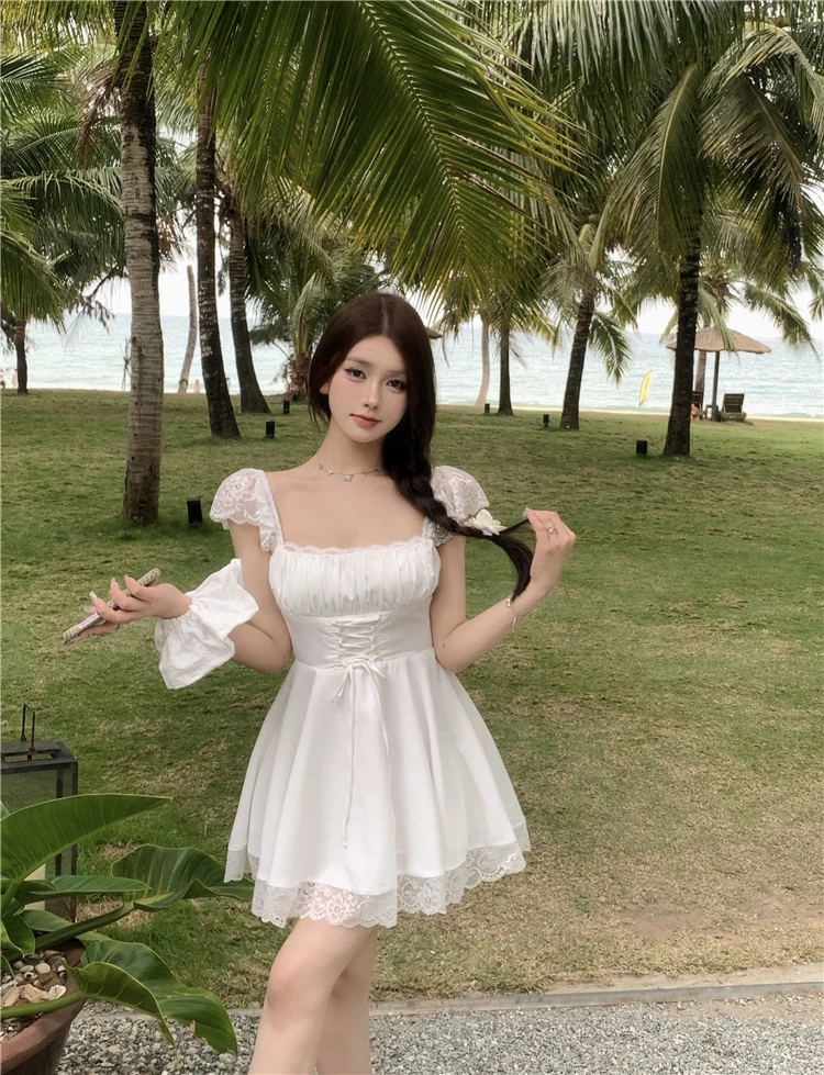 Y2K Lace Princess Party Dress Sexy Spaghetti Strap Square Collar Ruffles A-line Short Dresses for Women Prom Summer Mini Vestido