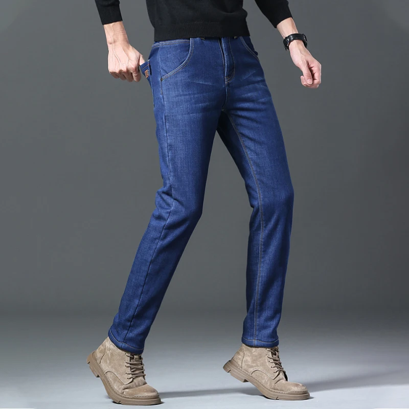 2022 Winter Thick Warm Fleece Jeans Men Black Fashion Business Denim Trouser Blue Stretch Slim Fleece Jeans Man
