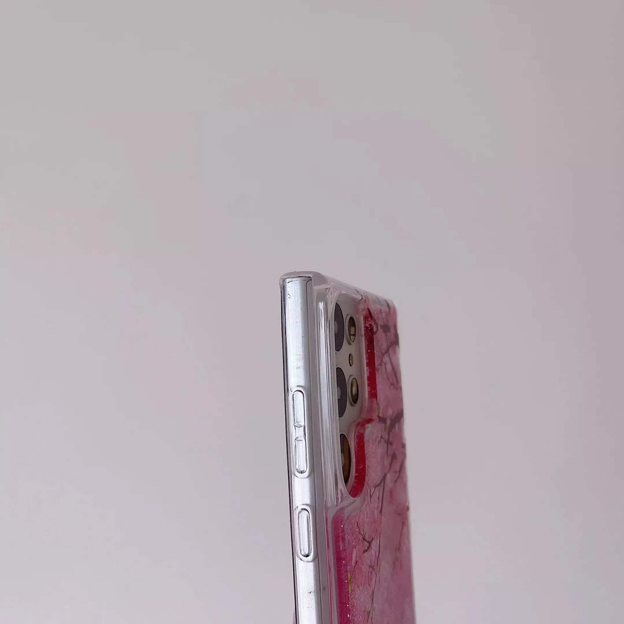 Pink Peach Blossom Quicksand Case with Love Heart Sparkles and Floral Accents