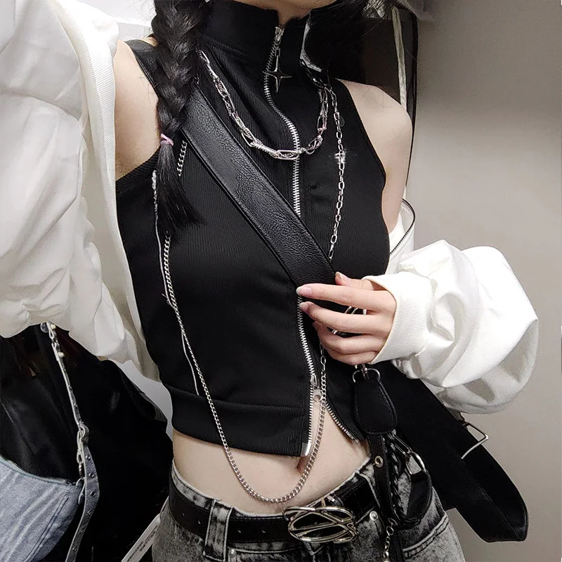 New Spring Autumn Harajuku Rock Punk Gothic Long Sleeve White Hot Girl Fashion Double Zippered Camisole Vest Coat Suit