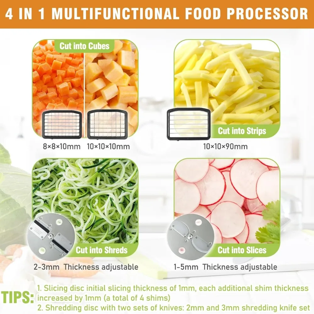 Multi-Functional Electric Vegetable Chopper with Adjustable Mandoline Slicer and Dicer for Shredding, Slicing, and French Fry Cu