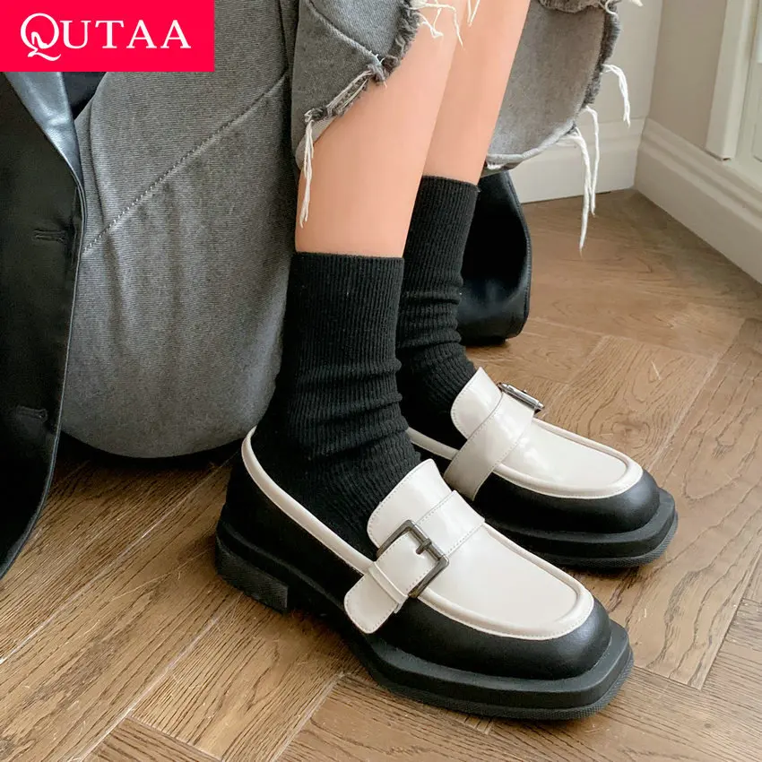

QUTAA 2023 Women Pumps Spring Summer Fashion Office Ladies Dress Thick Med Heels Genuine Leather Shoes Woman Size 34-42