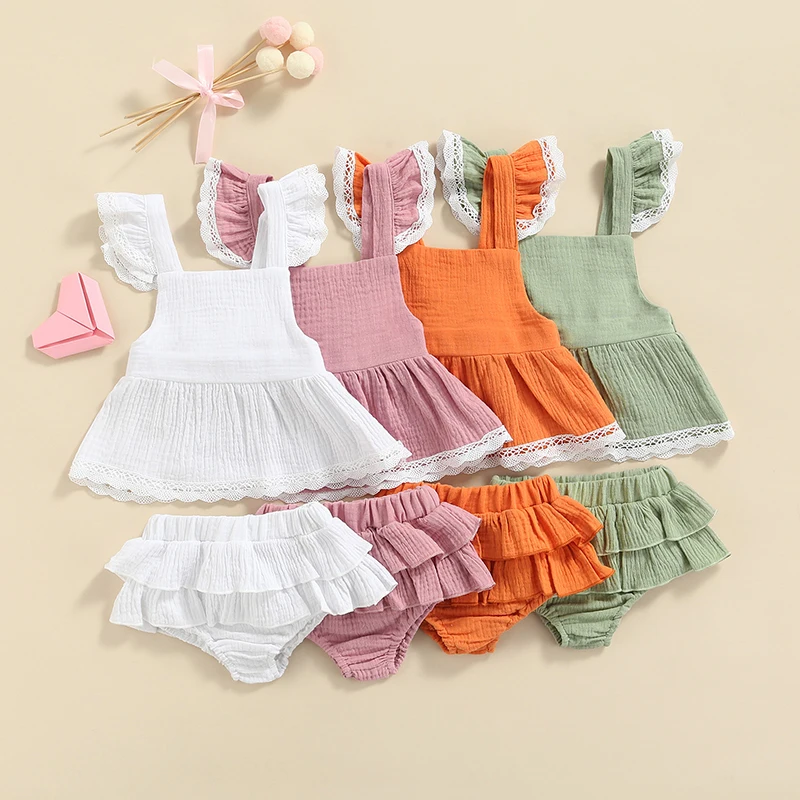 Sumemr Newborn Baby Girl Clothes Set 2pcs Solid Lace Ruffles Sleeve