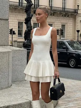 HH Womens Casual Mini Dress Square Neck Sleeveless Pleated Dresses Spring Summer Female Streetwear Casual Vacation Outfits Dress 1