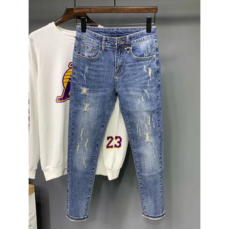 New Korean Trendy Men's Distressed Denim Casual Pencil Pants Spring and Autumn Blue Jeans Washed Luxury Cowboy Streetwear Pants
