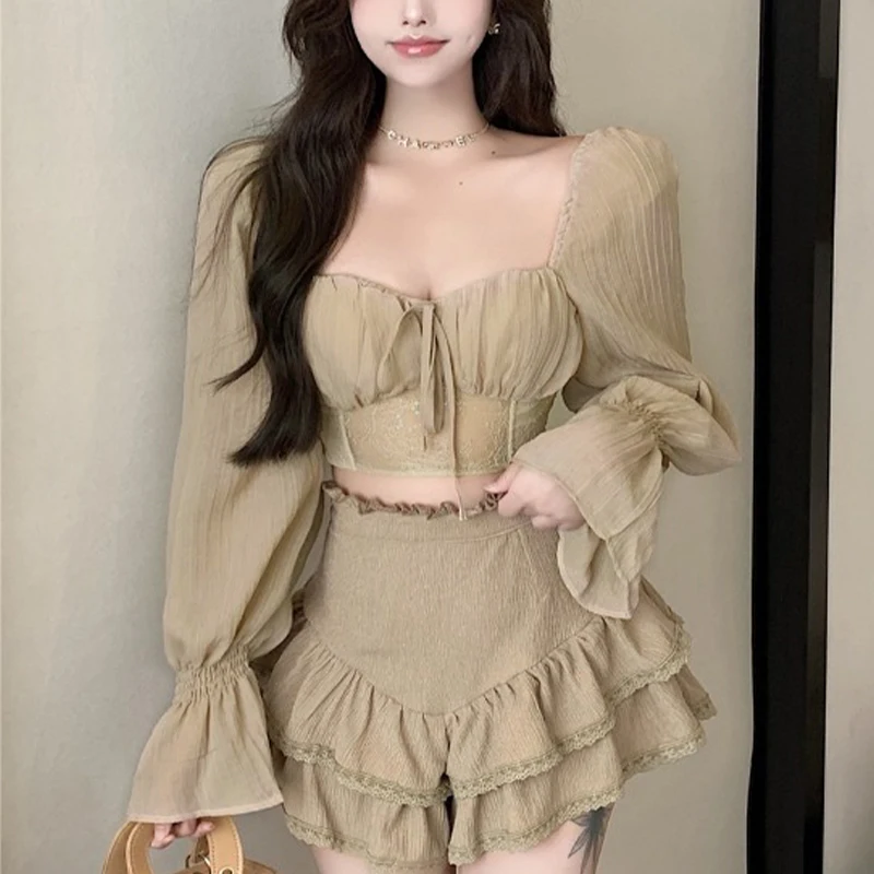 y2k Blouse Elegant Women Solid Color V Neck Lace Patchwork Long Sleeve Shirt Tops 2000s Fairycore Clothing Streetwear