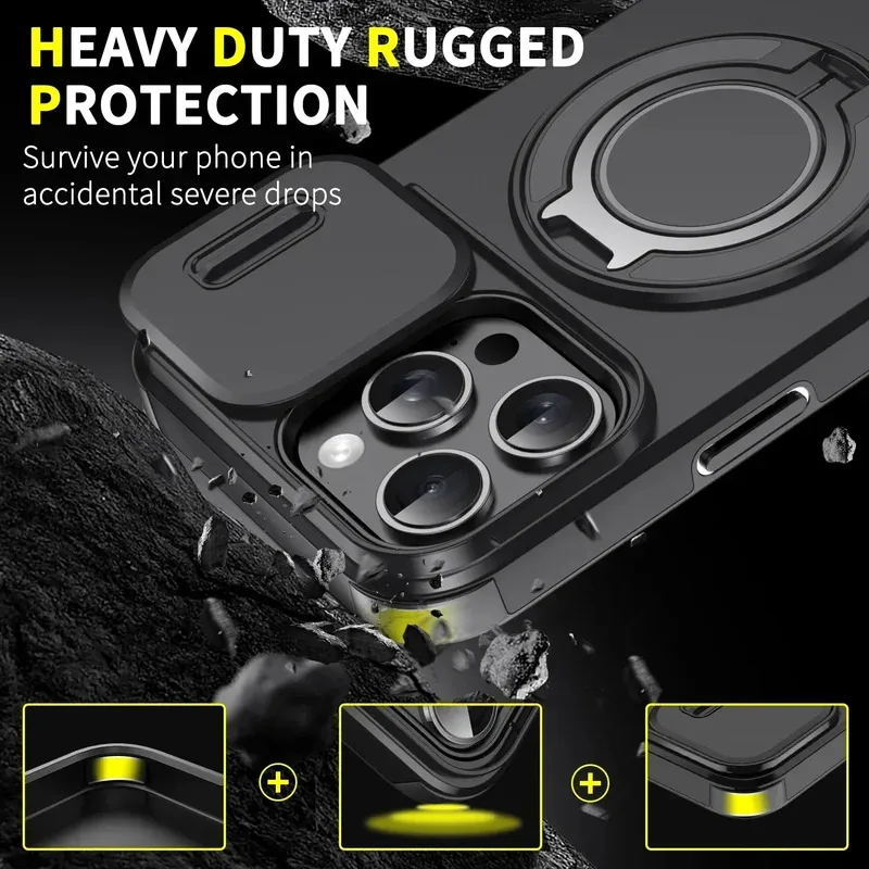 Luxury Heavy-Duty Rugged Armor Magnetic Bracket Case with Slide Camera Protection