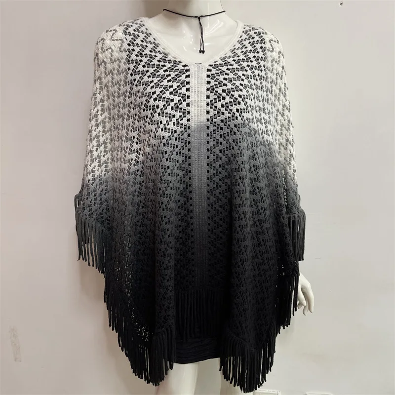 2022 Spring Hanging Dyed Shawl  Tassels On Four Sides Gradient Color Wavy Pattern Loose Large Knitted Hollow Pullover White 3d printed christmas santa claus christmas tree snowflake pattern women s warm shawl spring and winter small triangle scarf