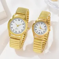 2 PCS Of Gold Retro Round Pointer Quartz Watch Classic Simulation Elastic Band Watch Suitable For Both Male And Female Couples - Image 2