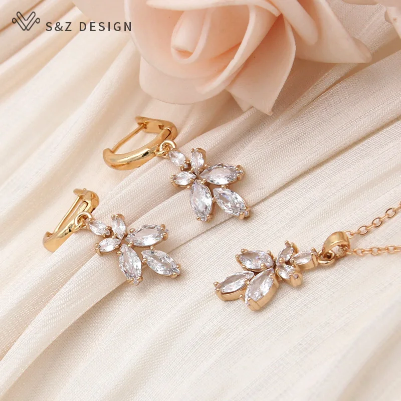 S&Z DESIGN New Fashion Flower Cubic Zirconia Orchid Pendant Necklace For Women Champagne Gold Color Collarbone Chain Jewelry