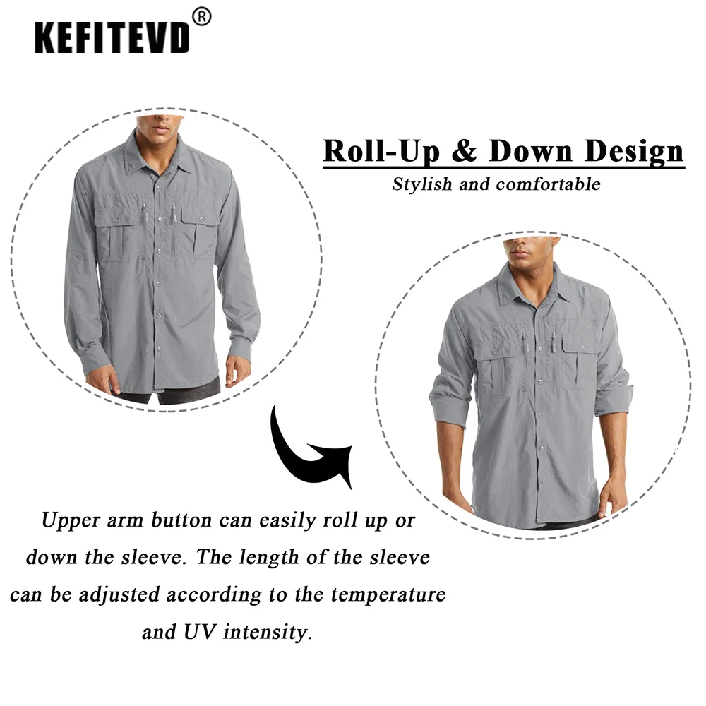 Fishing Shirts Men's Hiking Long Sleeve Zipper Chest Pocket Lightweight Camping Trekking