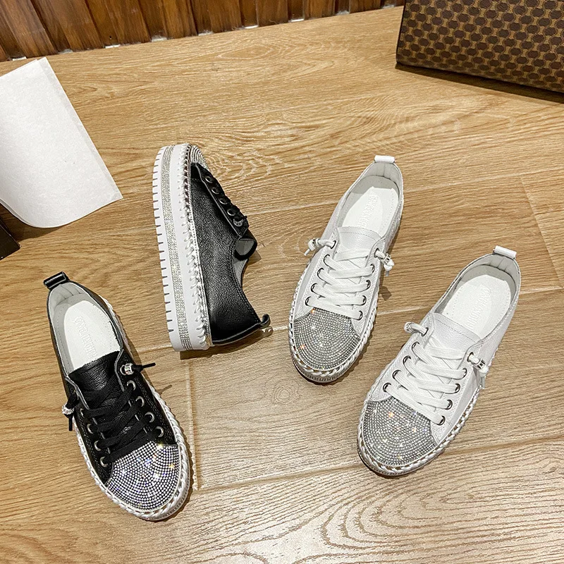 salat dobbeltlag Brink Designer Sneakers for Women Crystal White Shoes Thick Soles Casual Sneakers  Girls Rhinestones Real Leather Shoes Black Platform - AliExpress