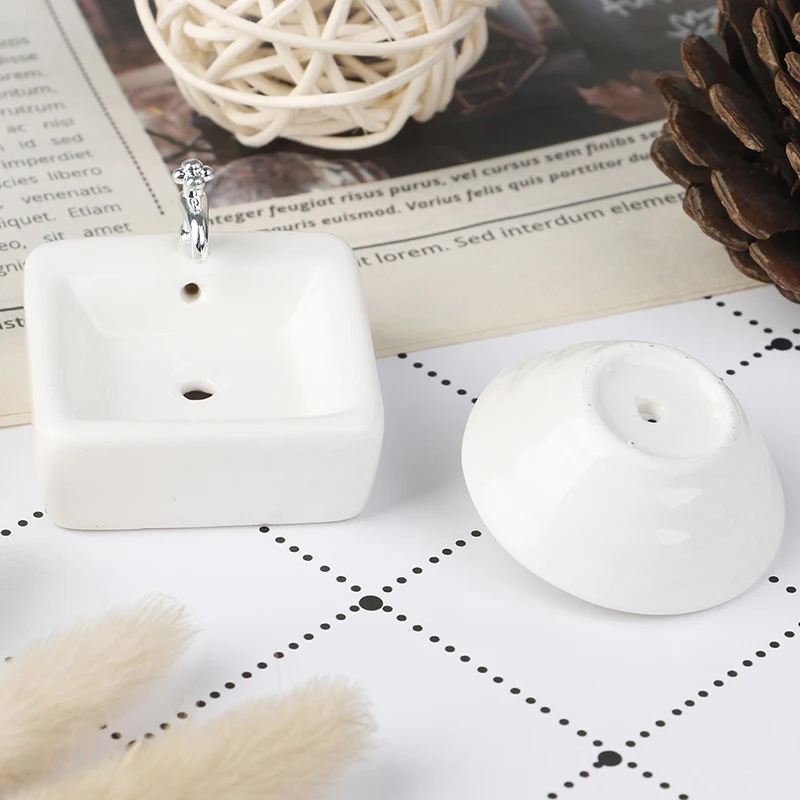 Dollhouse Bathroom Sink 1:12 Miniature Ceramic Wash Basin Bathroom Sink Model Simulation Accessory for Dollhouse White 6