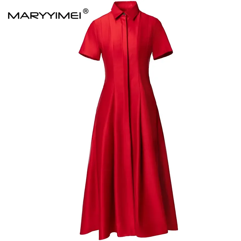 

MARYYIMEI Fashion Design Spring Summer Women's Turn-Down Collar Short-Sleeved Single Breasted Vintage Elegant Party Dresses