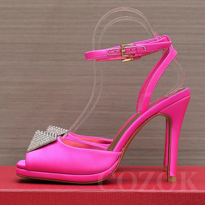 

Summer Women High Heels Sandal Satin Material Crystal Decor Square Button Sexy Super High Heels Ankle Buckle Strap Female Shoes