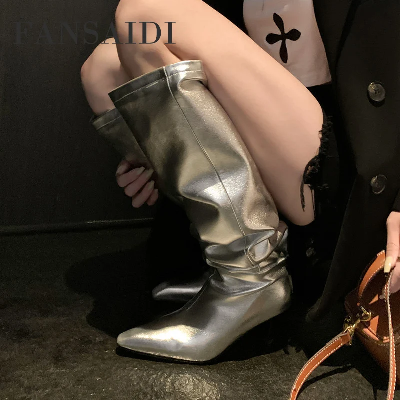 

FANSAIDI 2023Fashion Jeans Boots Knee High Boots Ladies Boots Stilettos HeelsFemale Boots Winter Sexy New Pointed Toe Big Size40