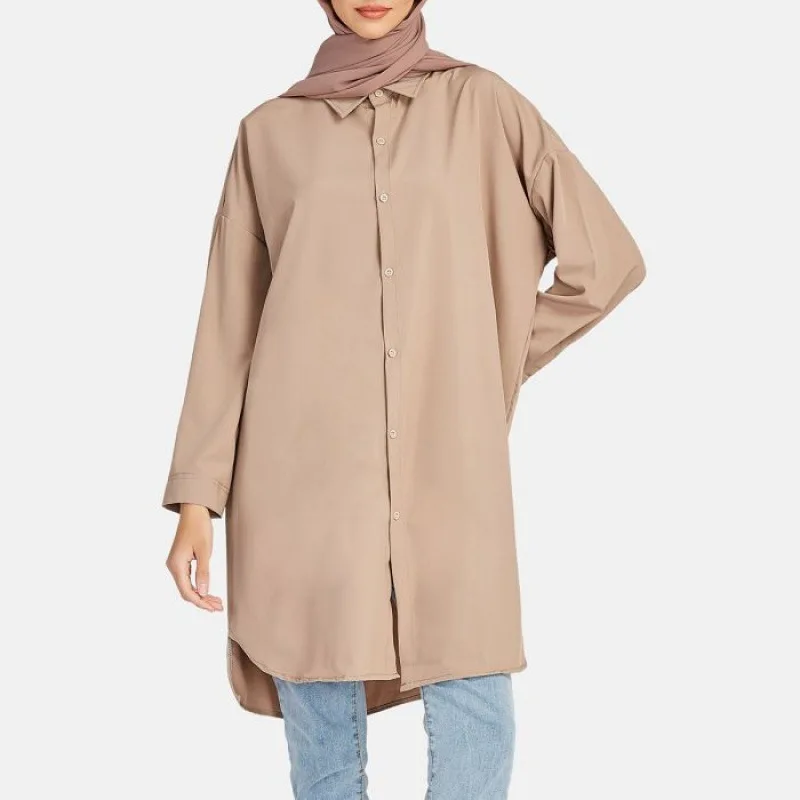 

2023 Summer Muslim Women's Shirt Solid Long Sleeve Single-Breasted Blouse Middle East Arab Spring Femme Casual Loose Top