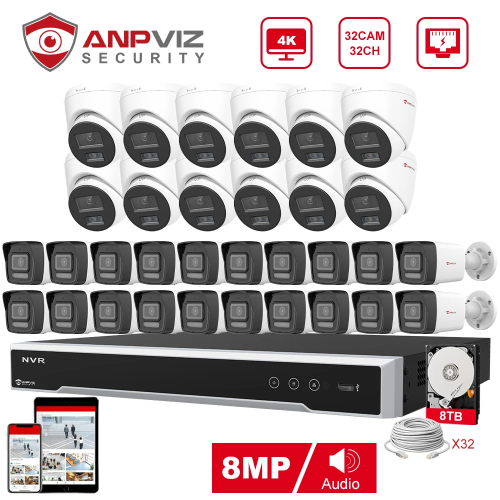 Anpviz 32CH 4K NVR 8MP POE IP Customized Camera Plug&Play System CCTV Outdoor Security Surveillance Kit Remote View H.265 IR 30m