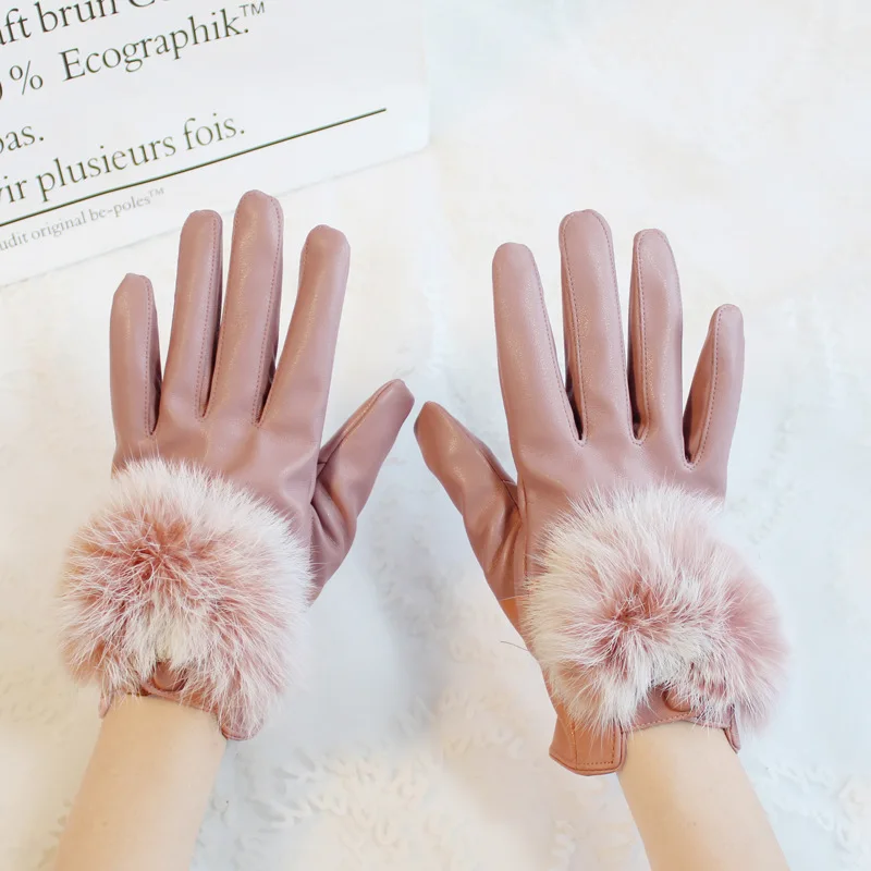 ���� �ܿ� PU ���� �尩 ���� ������ ��ġ ��ũ�� ���� �Ȱ� guants mujerRabbit Hair Cold-proof �Ϳ��� �尩