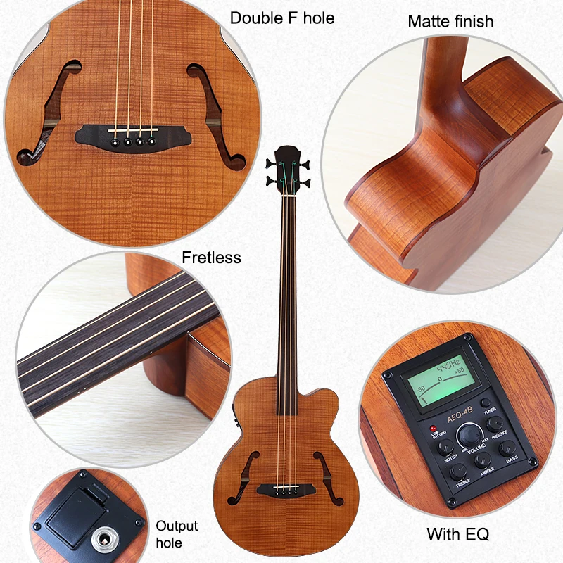 43 Inch Jumbo Bass Acoustic Bass Guitar F Hole Full Flame OAK Fretless 4 String Guitar with EQ Electric Acoustic Gutiar