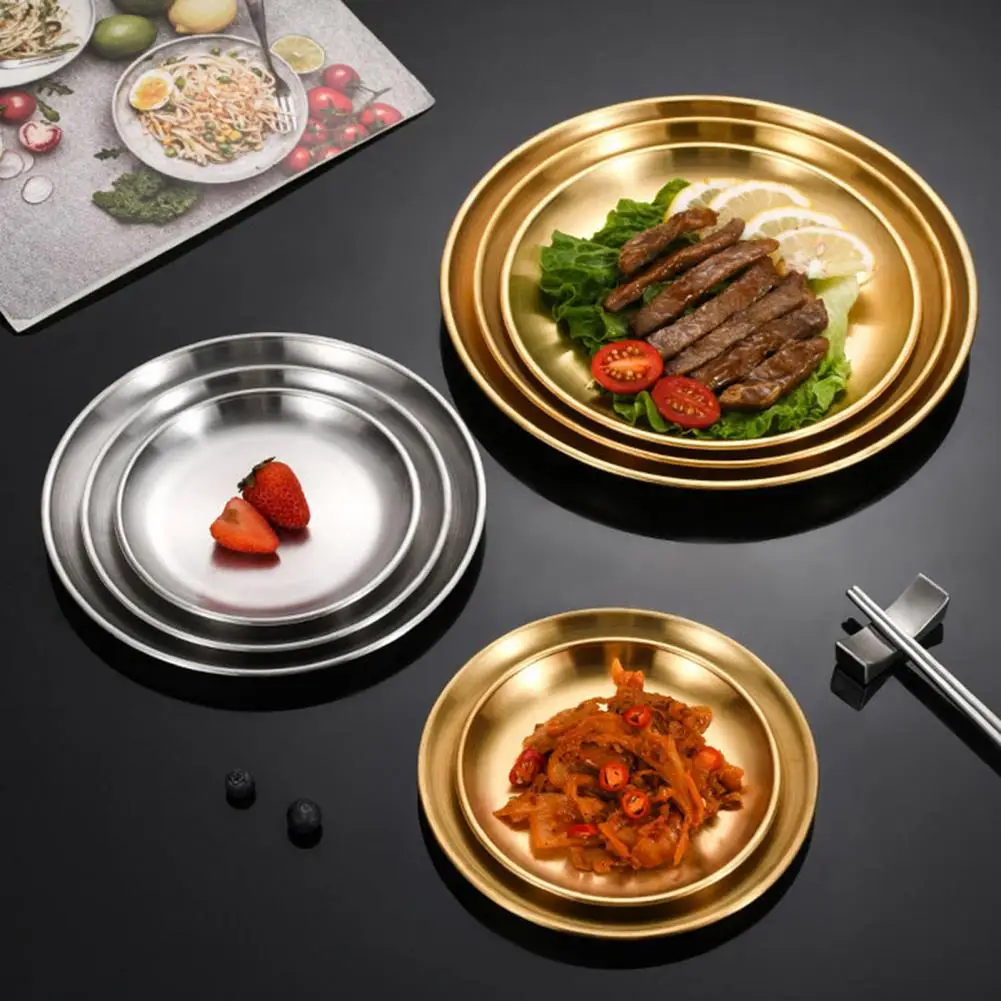 Fruit Bowl Plate Stainless Steel Dinner Plates for Home Kitchen Outdoor Camping Bbq Round Salad Serving Plate for Easy Versatile