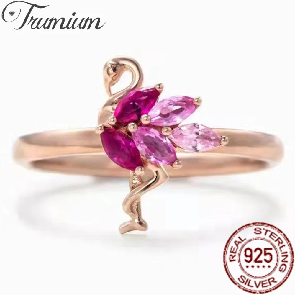 Trumium Genuine 925 Sterling Silver Pink Flamingo Rings For Women Dainty Rose Gold Animal Fine Jewelry Fidanzata Lover Gifts