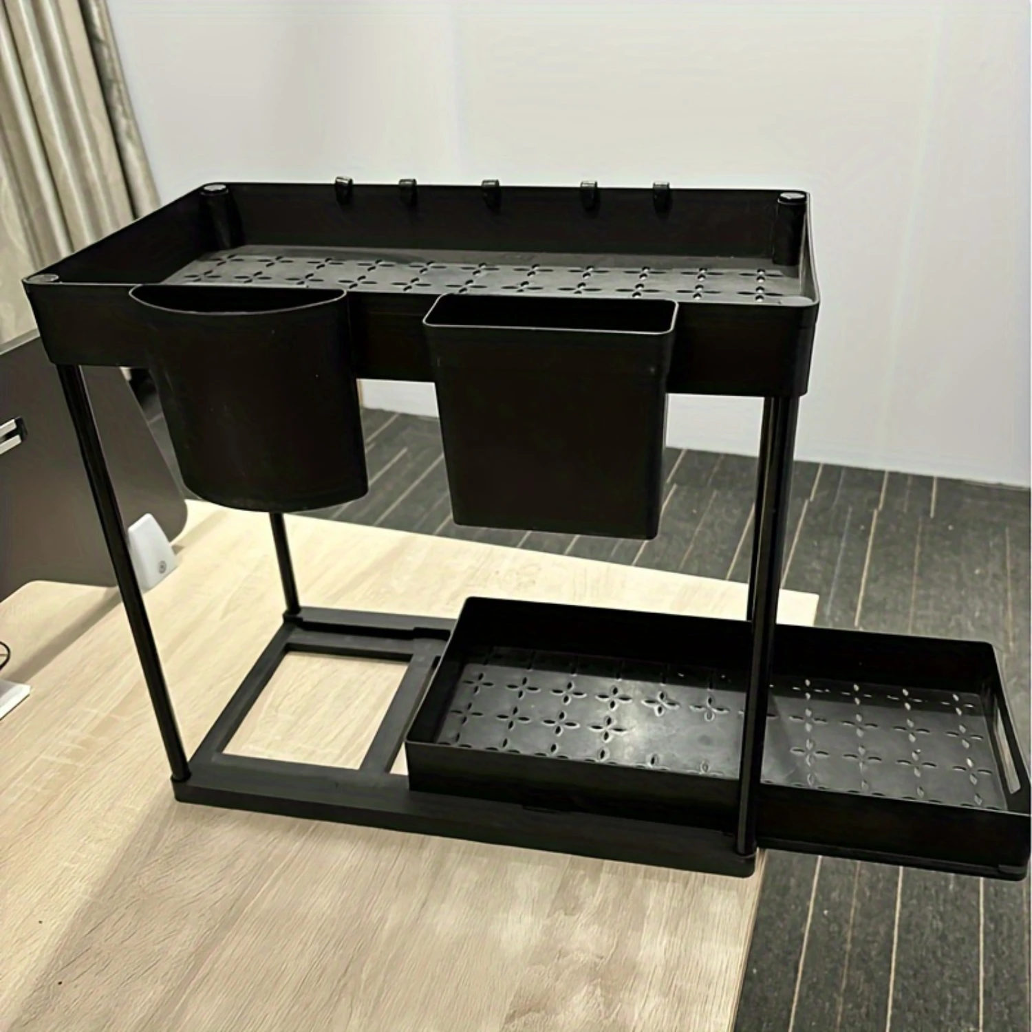 Durable Multipurpose  Organizer Rack - Stylish Black Shelving Unit for Bathroom, Kitchen & Under Sink Use - Effortless Spice Bot 5