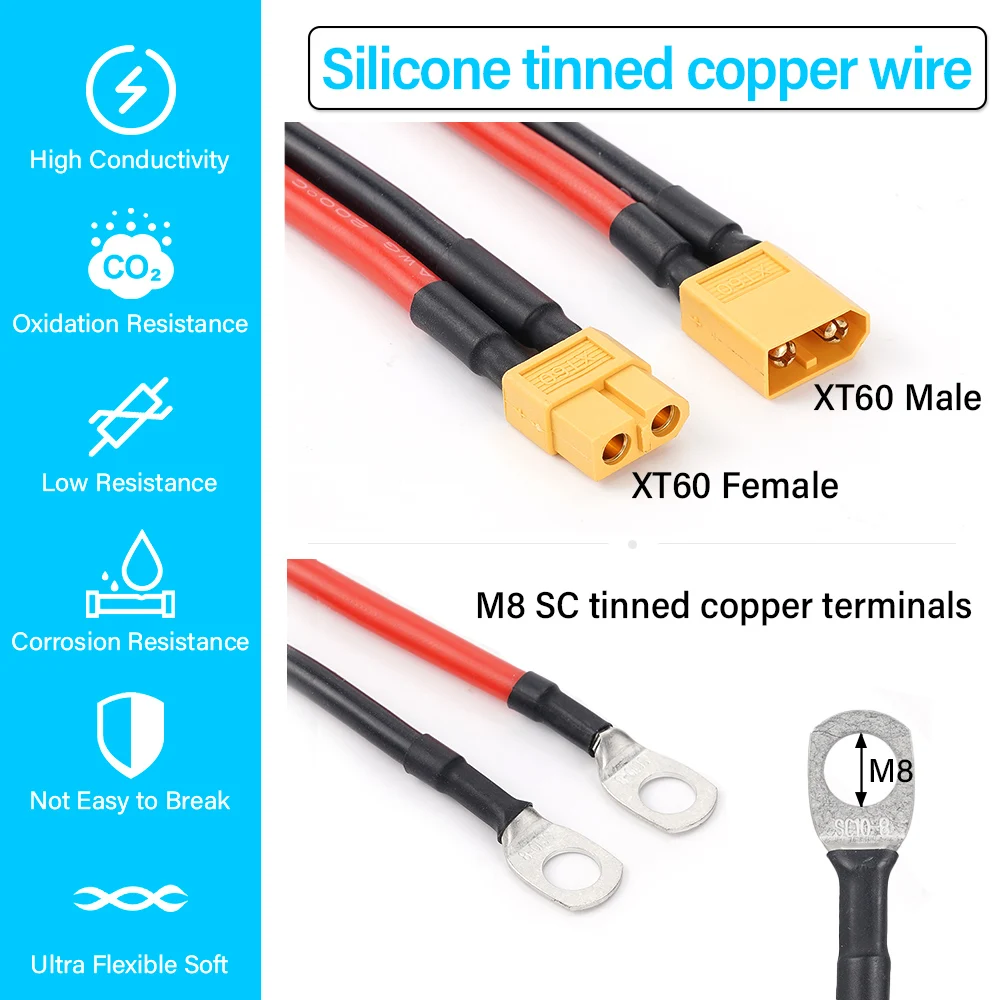 Description Picture 5 of item10AWG XT60 female male head turn M8 SC tinned copper terminals 50cm for car and ship battery solar panel connection cable