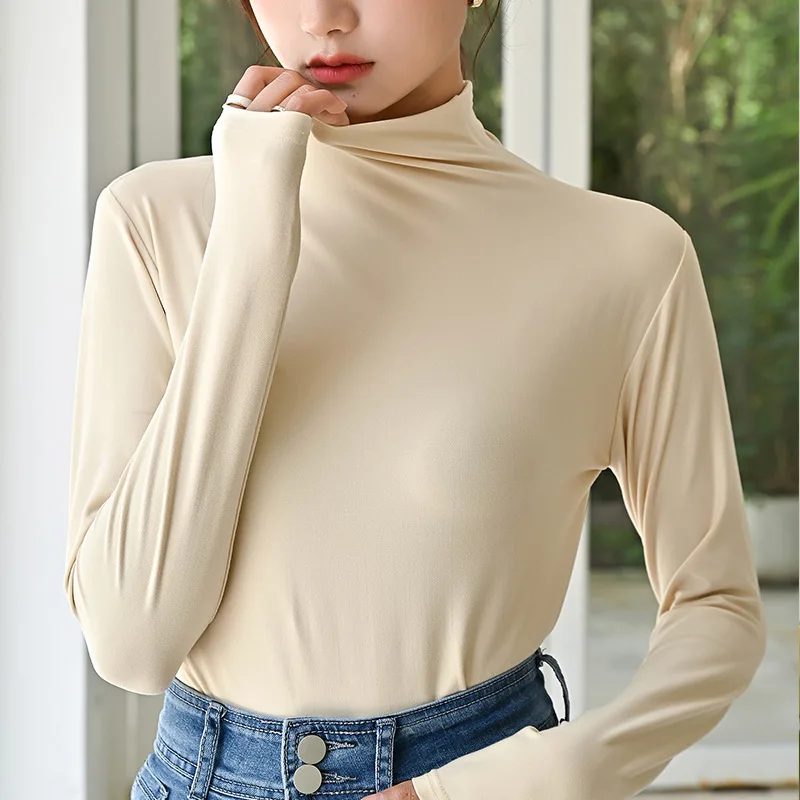 Autumn Women Long Sleeve T-shirt Pullovers Tops Casual Solid Mock Neck Thin Women Long Sleeve Pullovers Female Slim Inner Tops