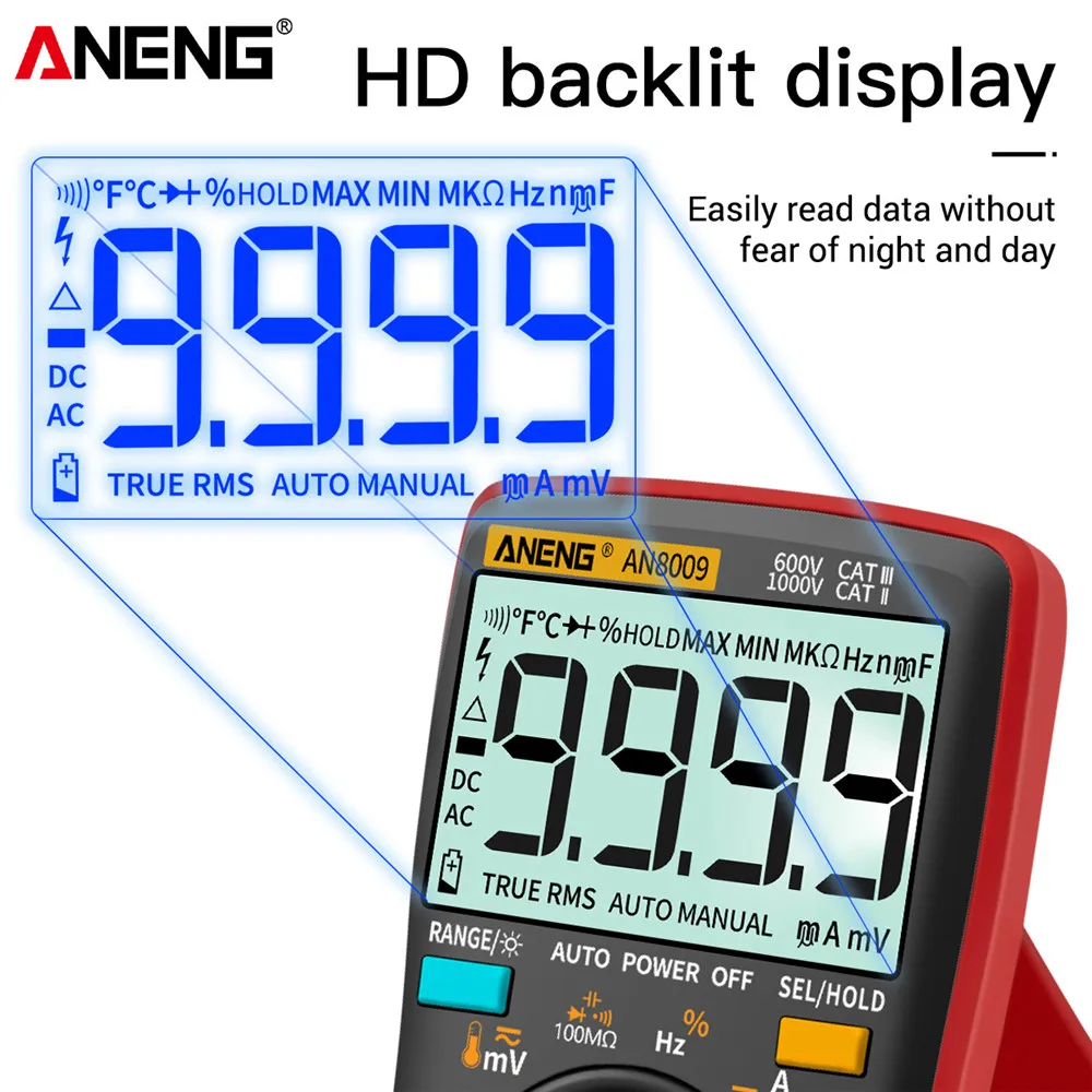 Digital Multimeter ANENG AN8008/AN8009 Mini Digital Multimeter rm 409b double fuse auto-range medidor el&eacute;ctricoTrue-RMS Transistor Capacitor Teste