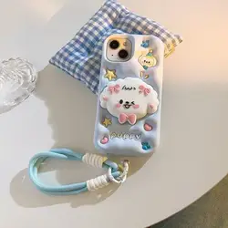 Adorable 3D Puppy Silicone Phone Case with Stand and Wristband - Galaxy A24 (Blue DGS)
