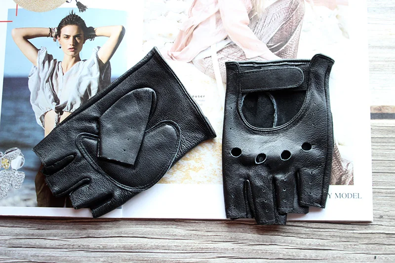 Leather Half Finger Gloves Women's Short Thin Section Unlined Spring and Autumn Motorcycle Riding Ladies Driving Fingerless,fingerless gloves