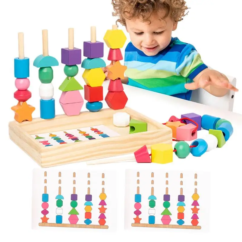 

Montessori Bead Sequencing Stacking Wooden Blocks Activity Puzzle Montessori Toys Color Shape Sorter Early Learning Toys