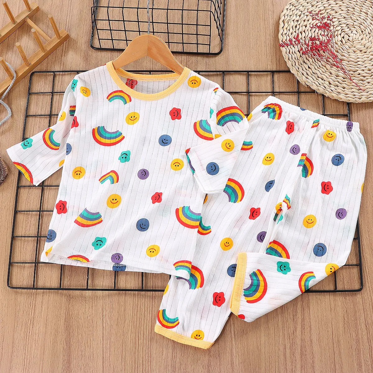 Summer Kids Home Clothes Printed Cartoon Cute Baby Girls Pajamas Set Toddler Costume Seven-sleeved Outfits Children Leisure Wear