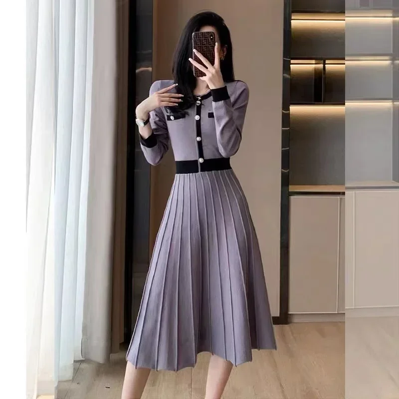 

NMZM High Quality Elegant Autumn Pleated Midi Dress New Women's O-Neck Long Sleeve Knitted Contrast Pearl Button Sweater Dress