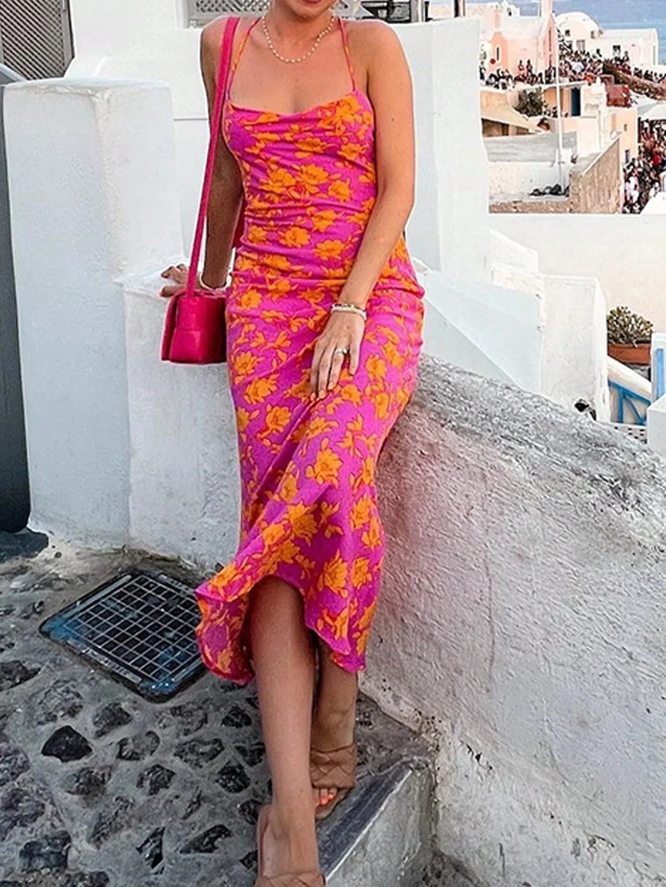 Mode Spaghetti träger Blumen gedruckt Homecoming Kleid Dame sexy rücken freie Schnürung Urlaub Abschluss ball Robe lässig Meer Kleid