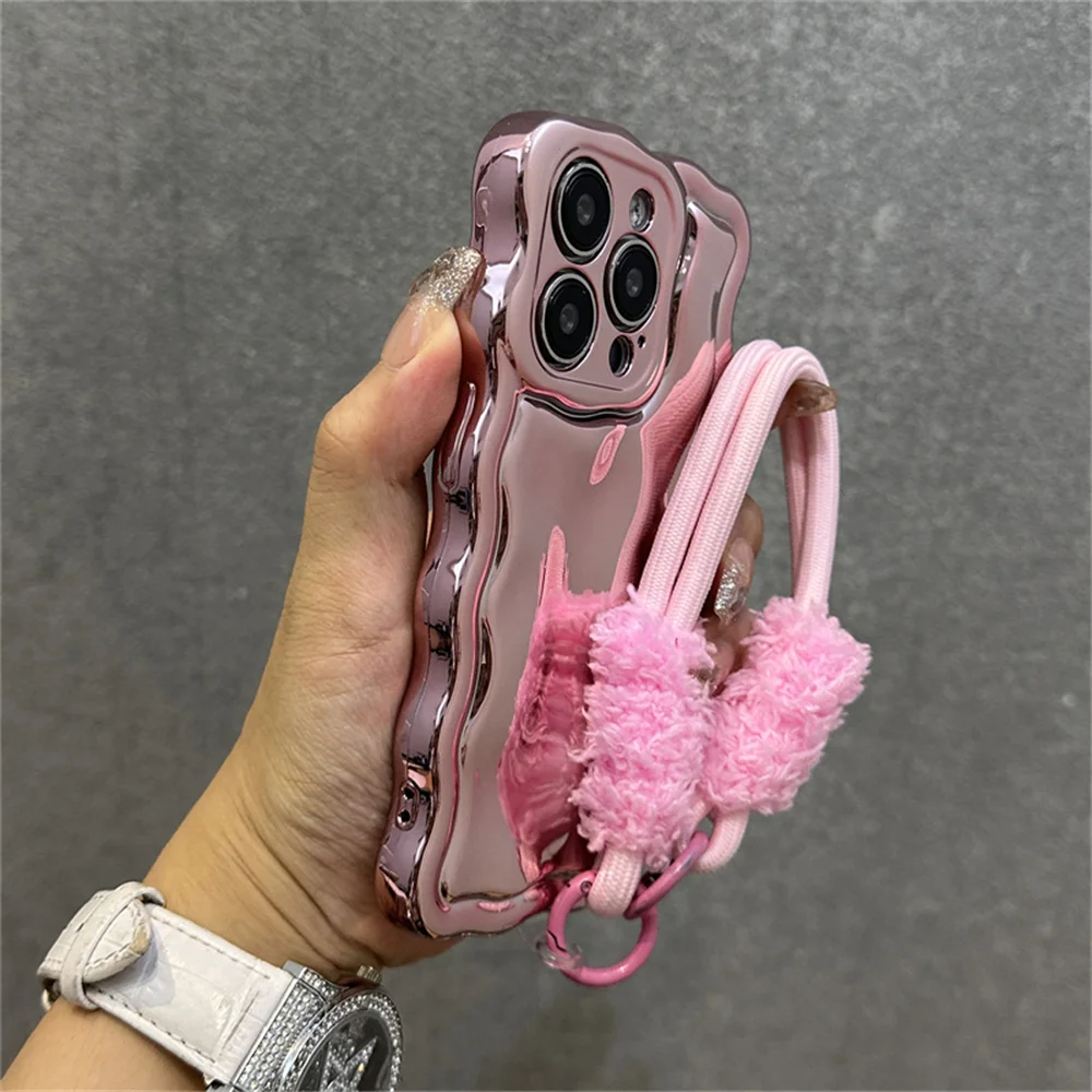 Luxury Curly Wave Semi-Plush Phone Case with Lanyard and Wrist Strap