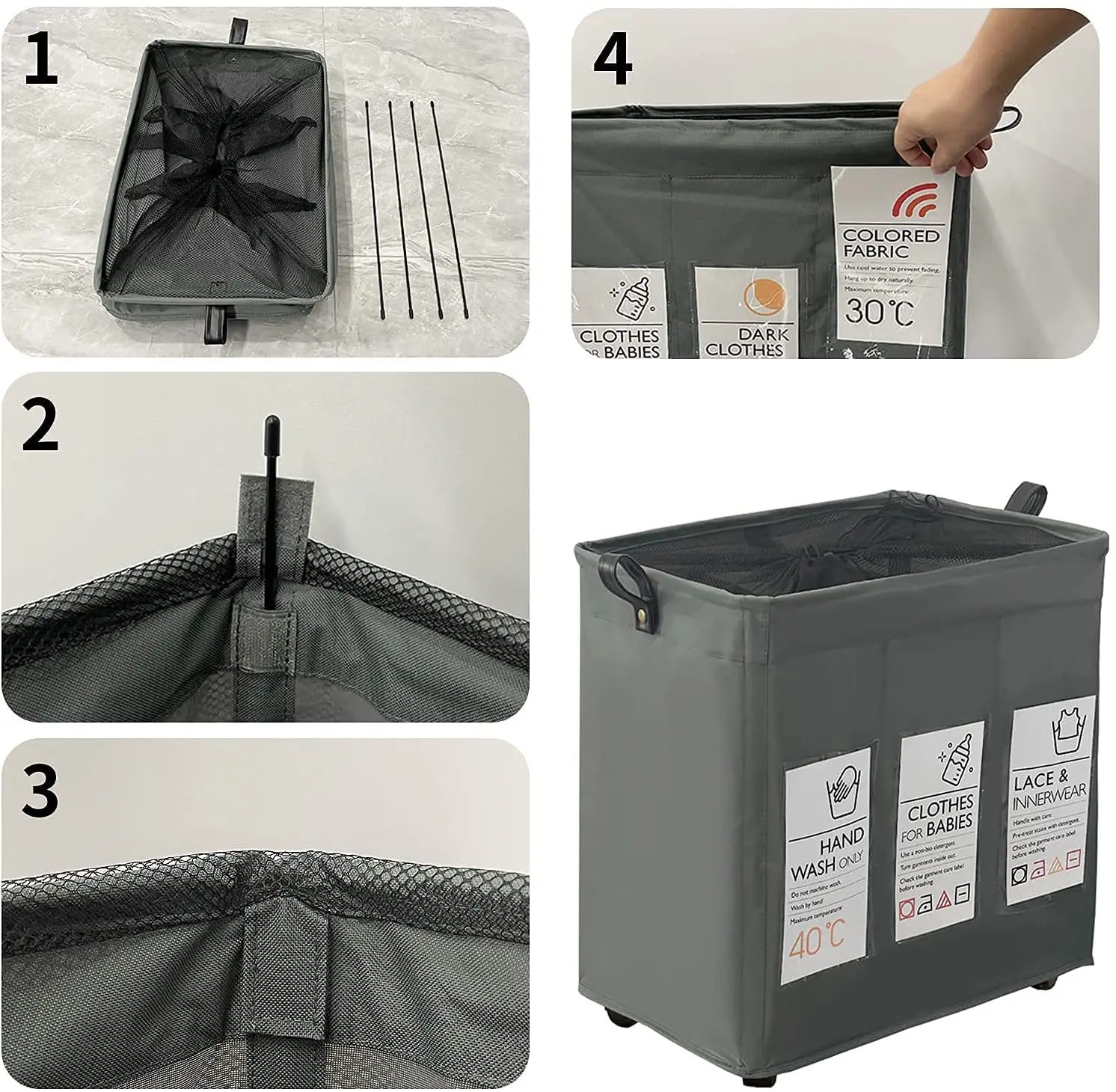 120L Laundry Basket Sorter Toy Storage Room Organizer 3-Bag with Card Pocket & Fabric Handle Waterproof Cesto Ropa Sucia 3